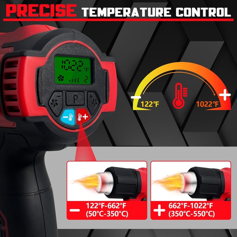 RAYLEEY Cordless Heat Gun Compatible with Milwaukee 18V Battery, 122℉-1022℉ Hot Air Gun with Digital LCD Display, Adjustable Temp & Air Flow, 4 Nozzles for Crafts,Shrinking PVC, Paint Stripping (No Battery) - Image 2